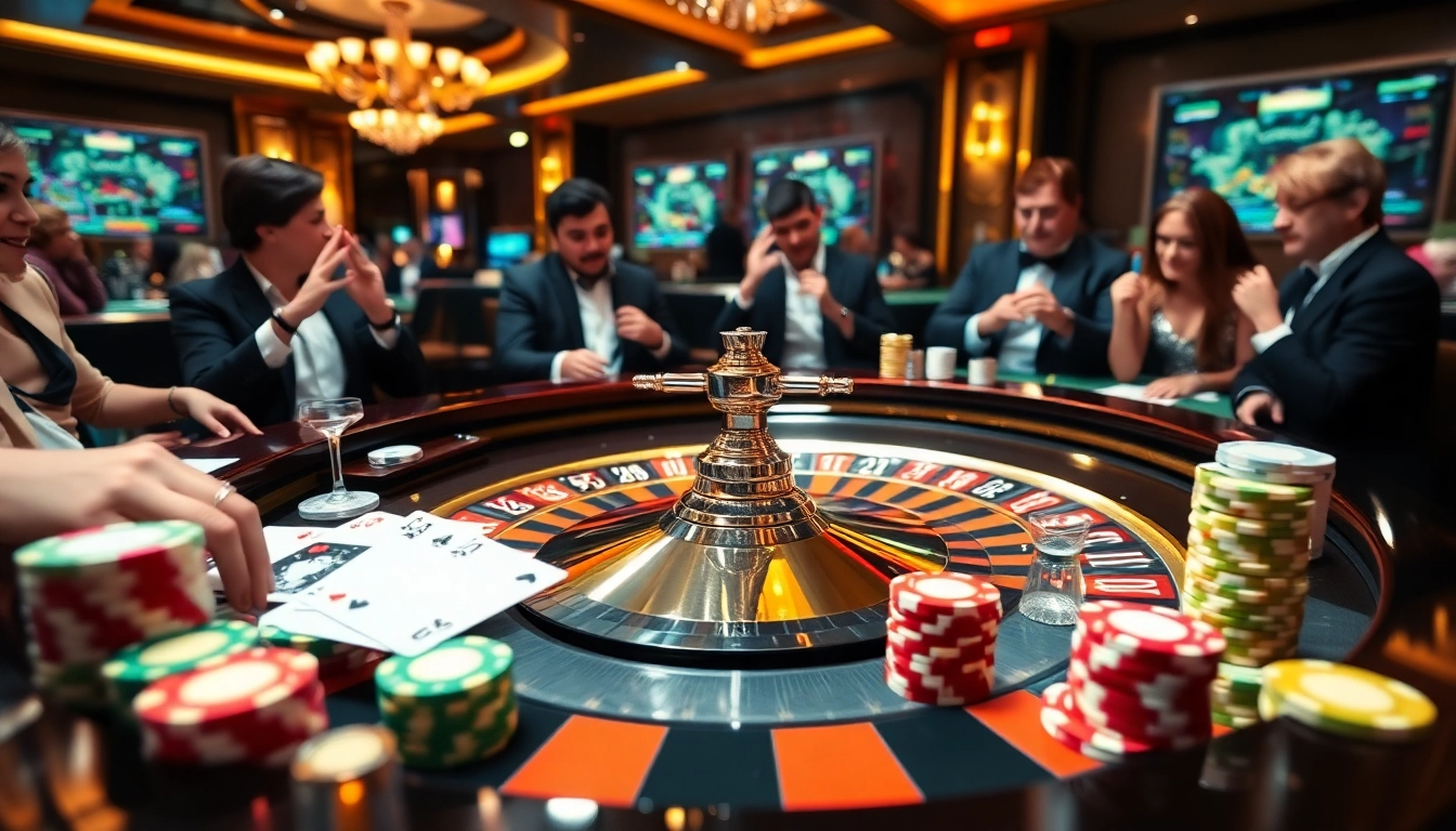 Players experiencing the thrill of KK55 with a vibrant casino roulette table and poker chips.