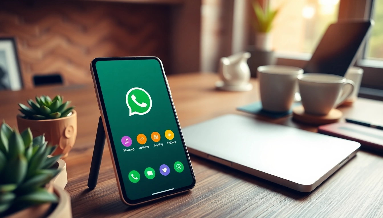 FM WhatsApp user-friendly interface displayed on a smartphone in a cozy workspace.