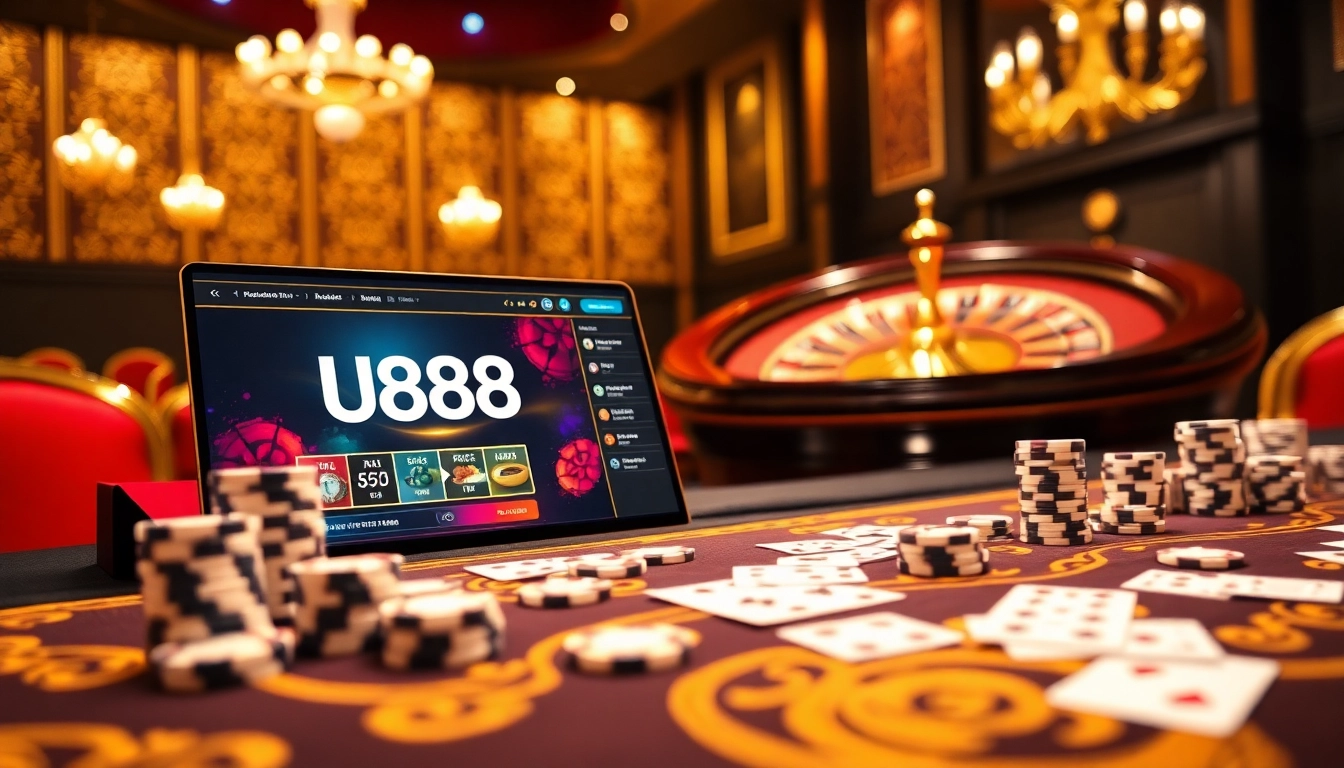 Experience thrilling u888 gameplay with vibrant casino tables and poker chips in a luxurious atmosphere.