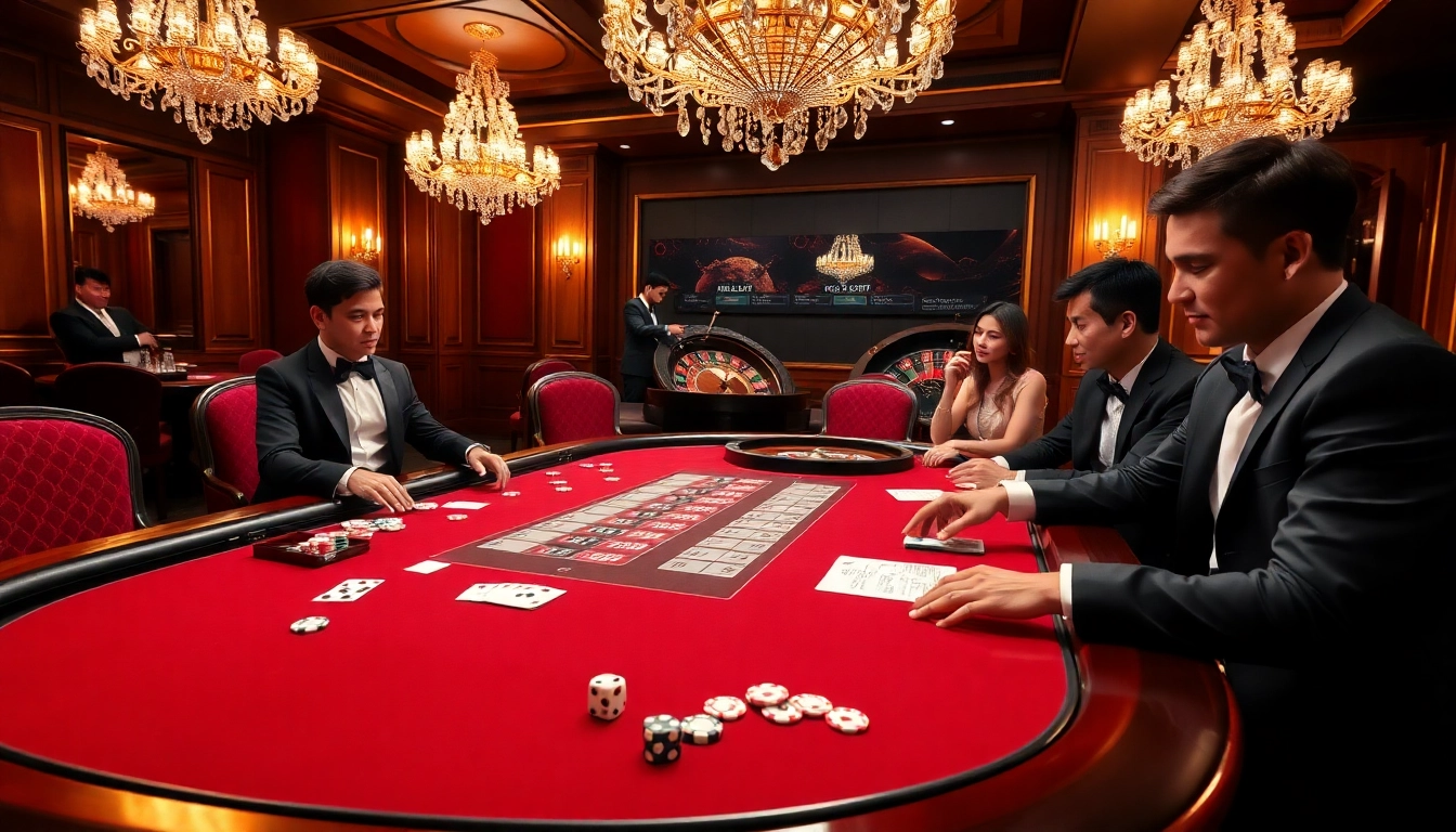 Engaged players at a luxurious casino table in a vibrant scene highlighting hello88's thrilling gaming experience.