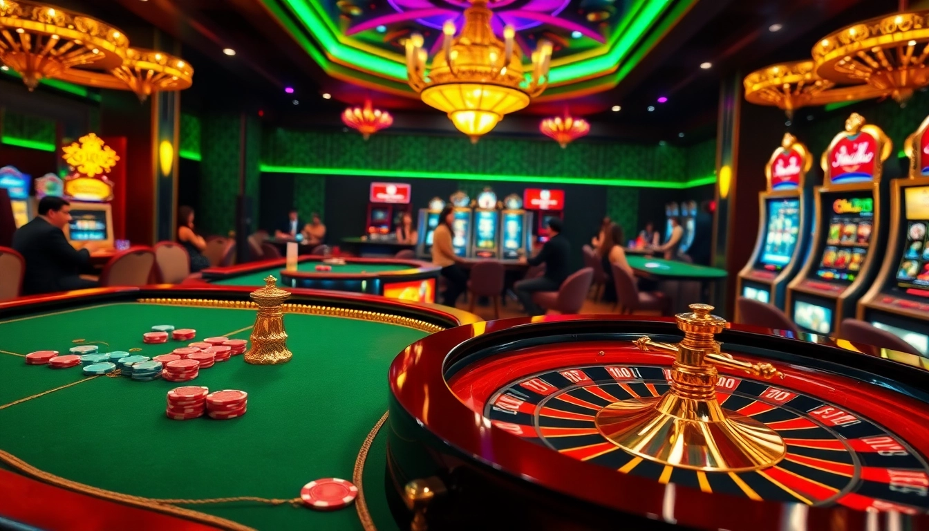 Players enjoying the excitement of casino games at cm88.com with roulette and slot machines.