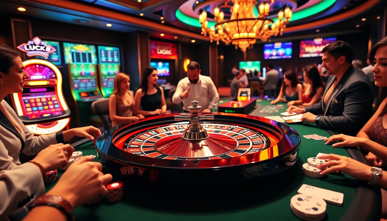 Trải nghiệm chơi hấp dẫn tại casino LUCK8、LUCKY8 với chip poker và bàn roulette.