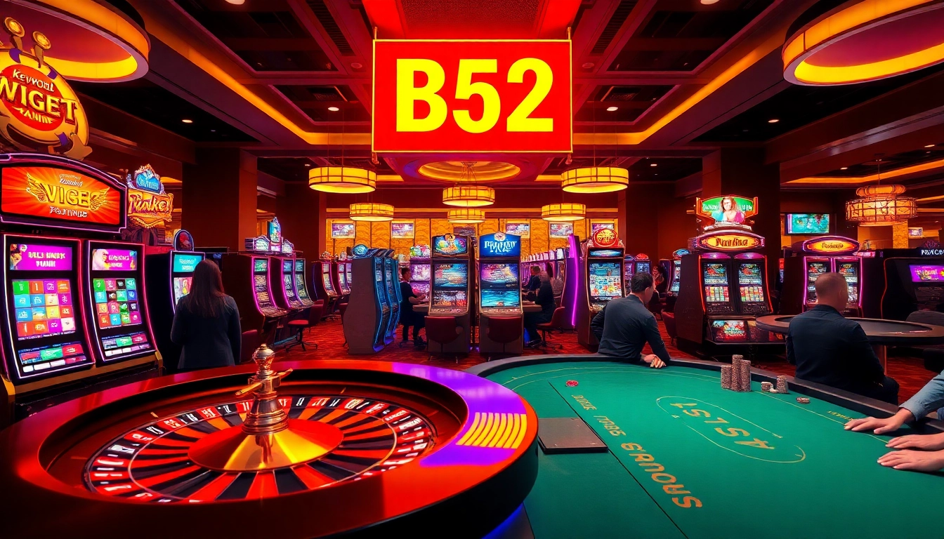 B52-themed casino gaming with vibrant slots, roulette wheel, and excited players.
