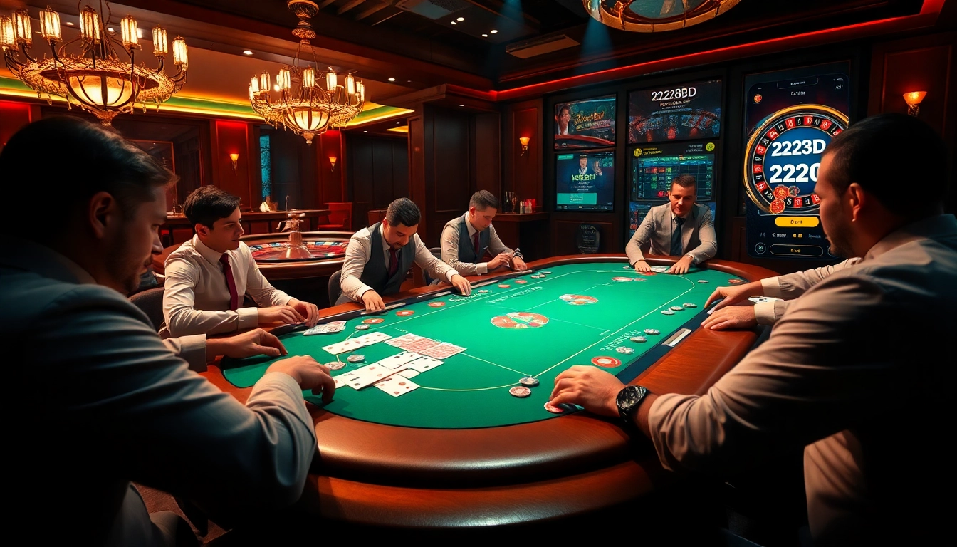 Players strategizing at a luxurious poker table in a vibrant casino scene, featuring 222BD themes.