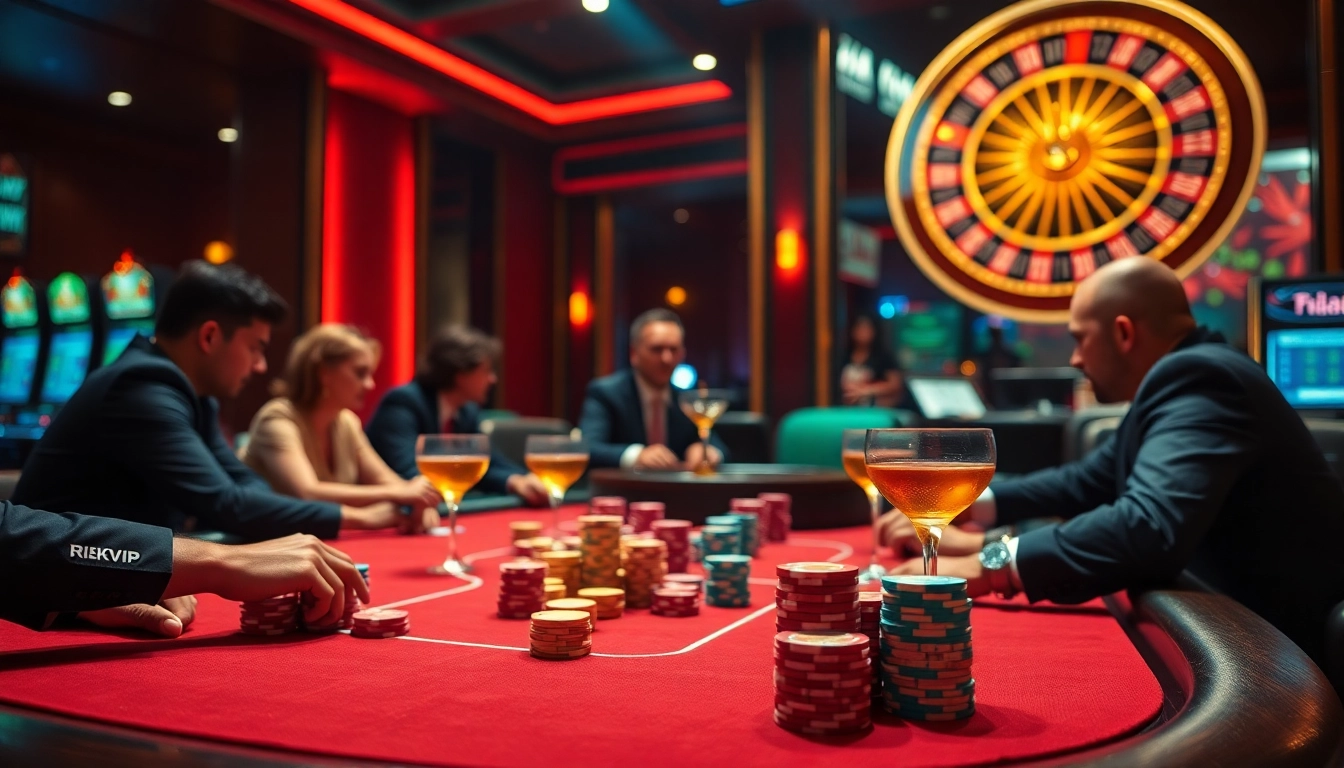 Exciting casino scene with players at a poker table and RIKVIP elements highlighting the thrill of gambling.