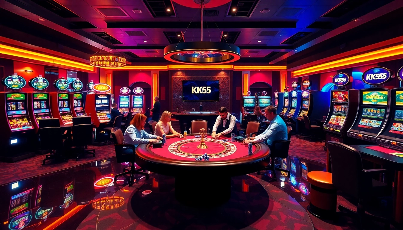 Engaged players strategizing over poker chips at a luxurious casino featuring KK55.