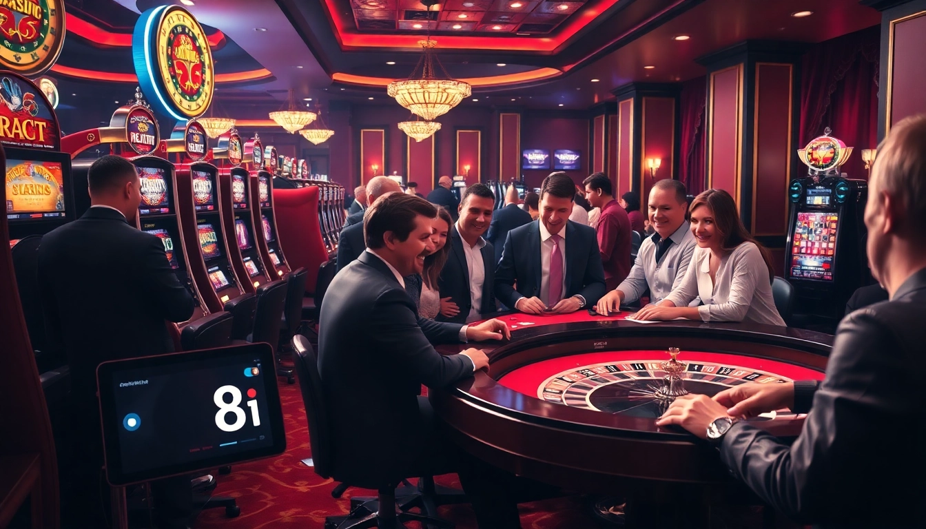 Experience the thrill of 88i game at a luxurious online casino setting with vibrant slot machines and poker.