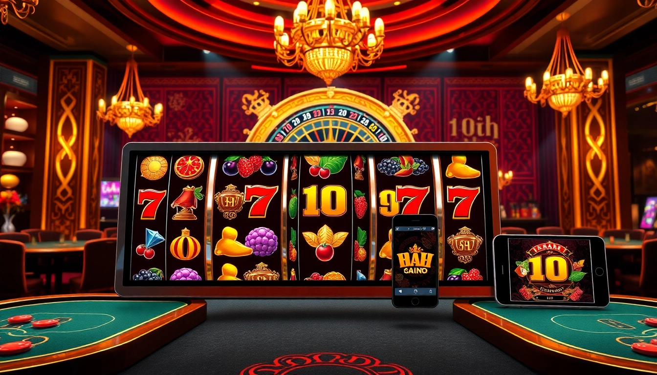 Experience the thrill of nổ hũ as colorful slot machines spin in a luxurious casino atmosphere.