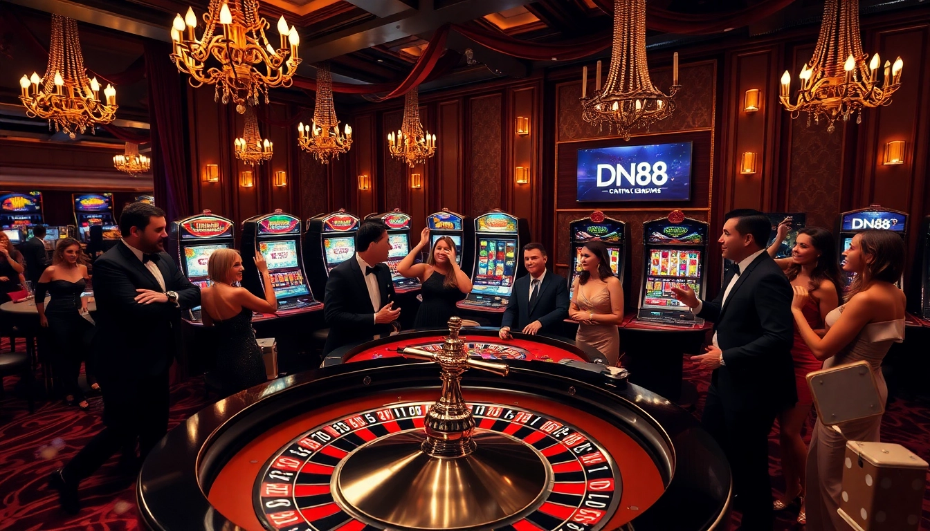 Gamblers enjoying an exciting game at DN88 casino, featuring roulette and vibrant slot machines.