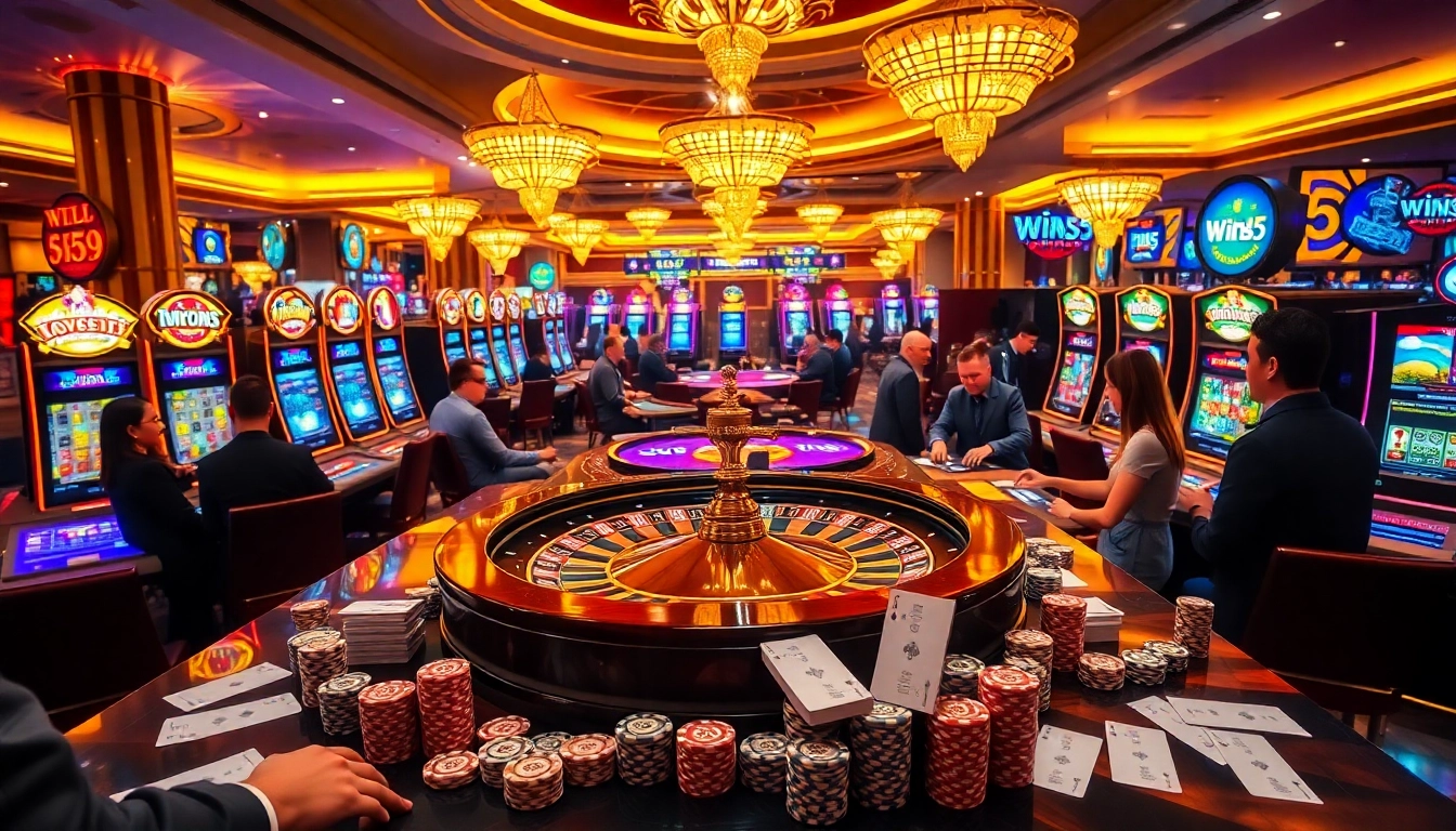 Engaging casino scene with players enjoying games and "win55" themed graphics in a luxurious setting.