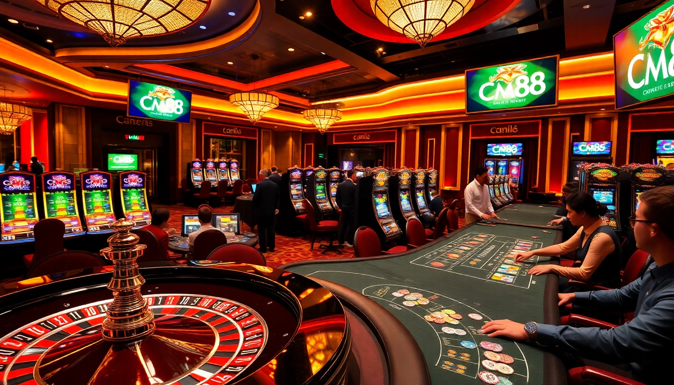 Engaging gamblers at the casino tables with vibrant vibes and CM88 branding.