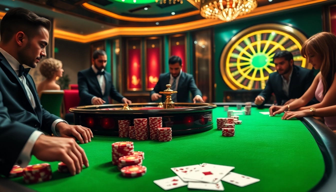 Engaging casino scene featuring players at a ww88 poker table, surrounded by vibrant chips and cards.