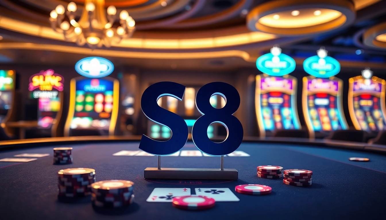 S8 logo shines on a luxurious casino table surrounded by vibrant games and poker chips.