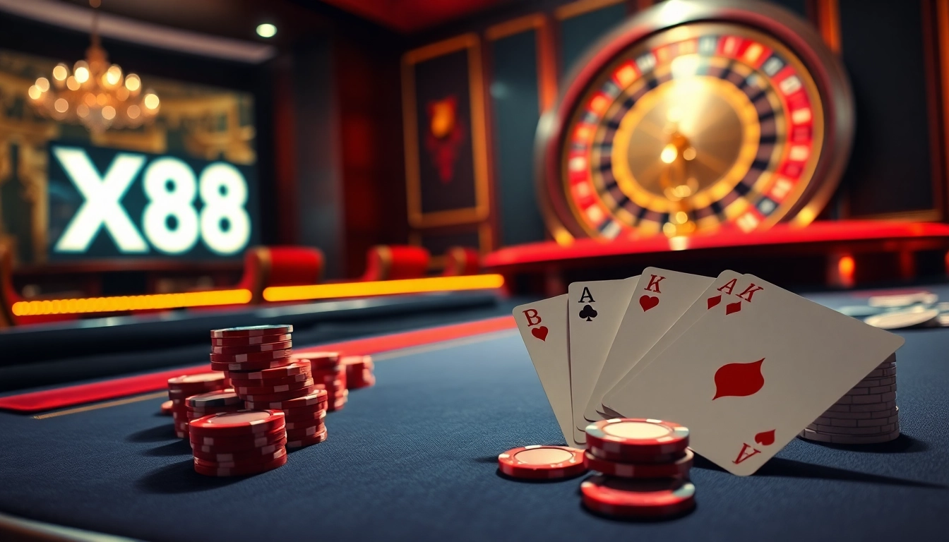 X88 gaming action at a luxe casino poker table filled with vibrant chips and cards.