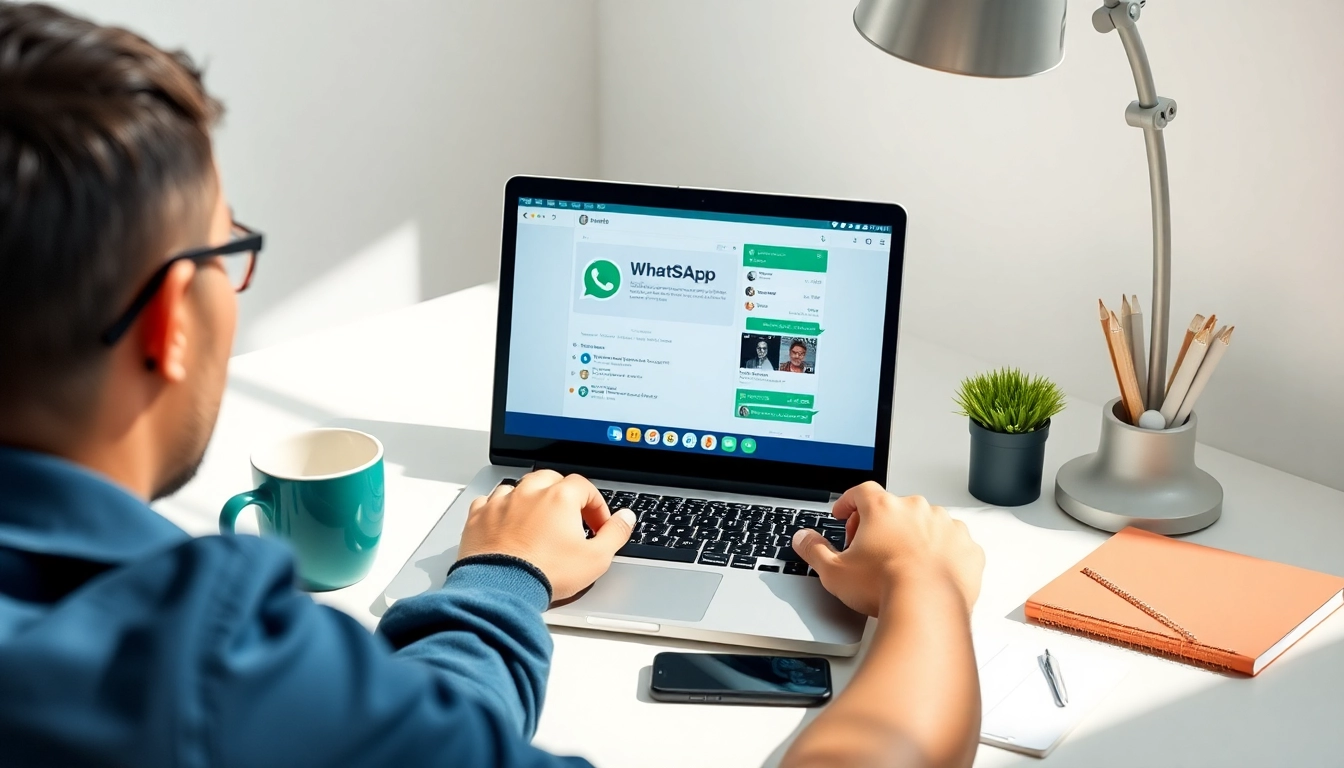 在现代工作区使用 WhatsApp网页版，画面包含笔记本电脑与个人物物品。