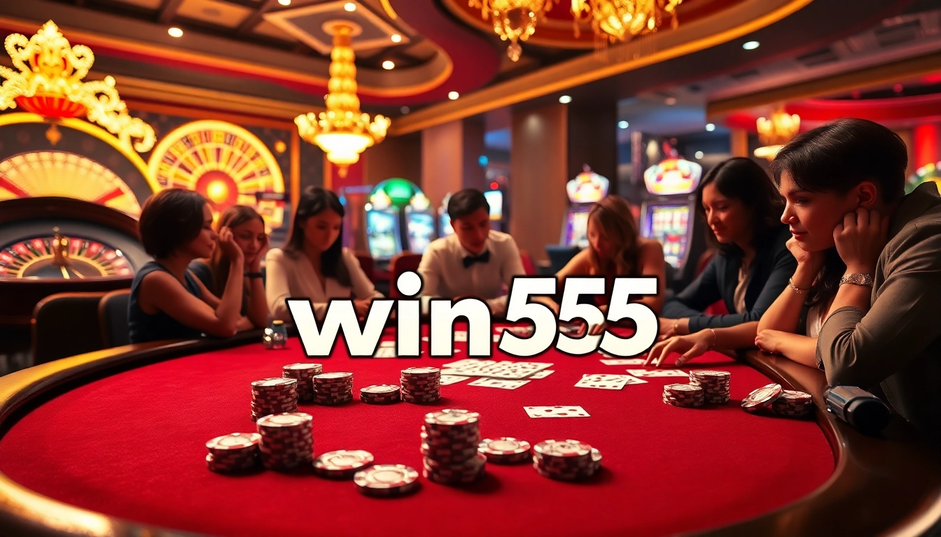Experience thrilling gameplay with win55 at an upscale casino table, complete with poker chips and vibrant slot machines.