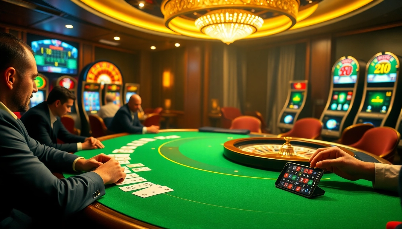 Exciting casino scene highlighting luxurious gaming with kjc.pizza logo on digital devices.
