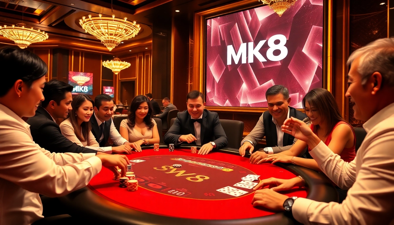 Players enjoying poker at a luxurious MK8 casino table, with vibrant chips and cards.