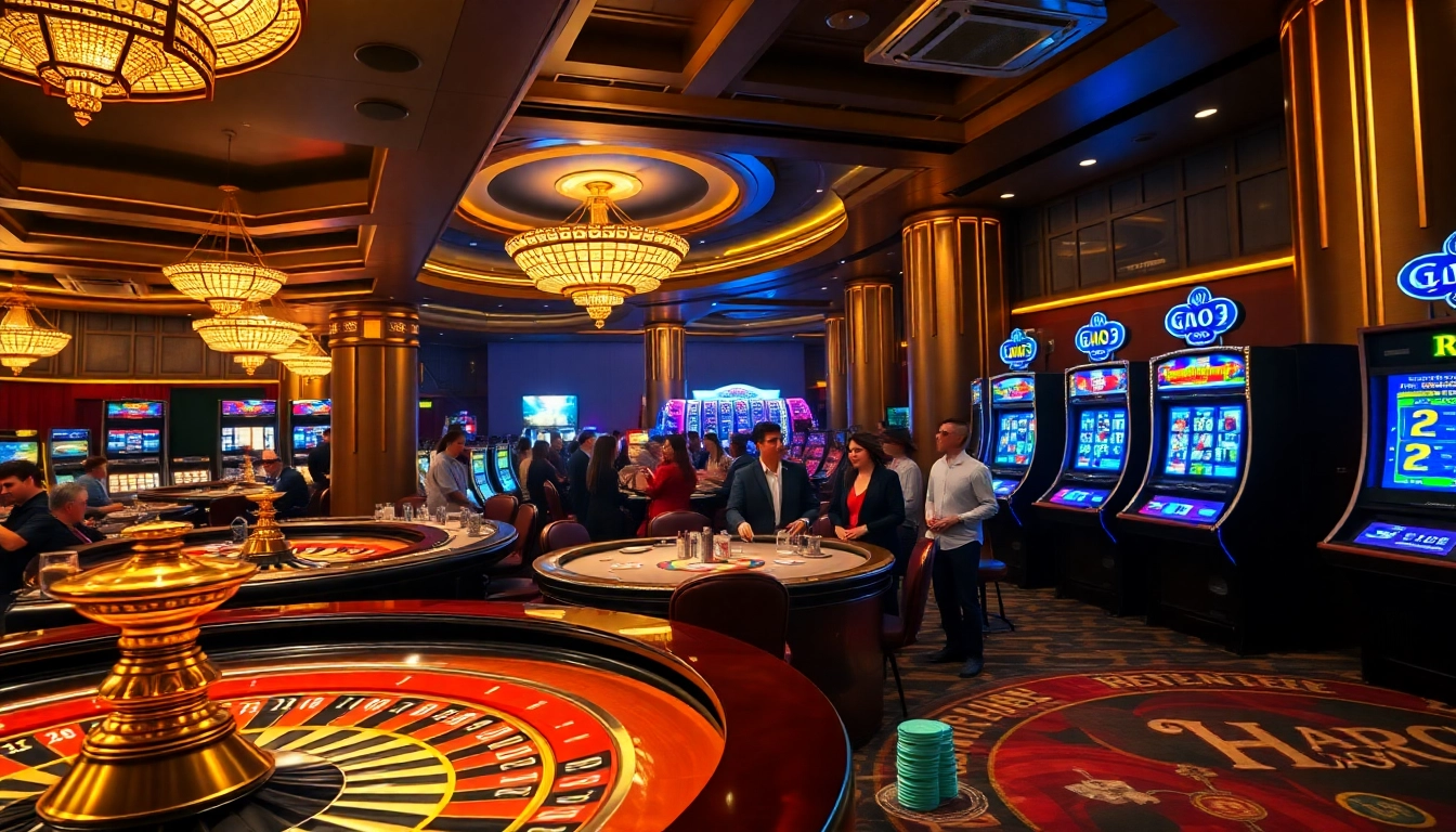 A thrilling scene of players enjoying various games at alo 789's luxurious casino, featuring roulette and poker.
