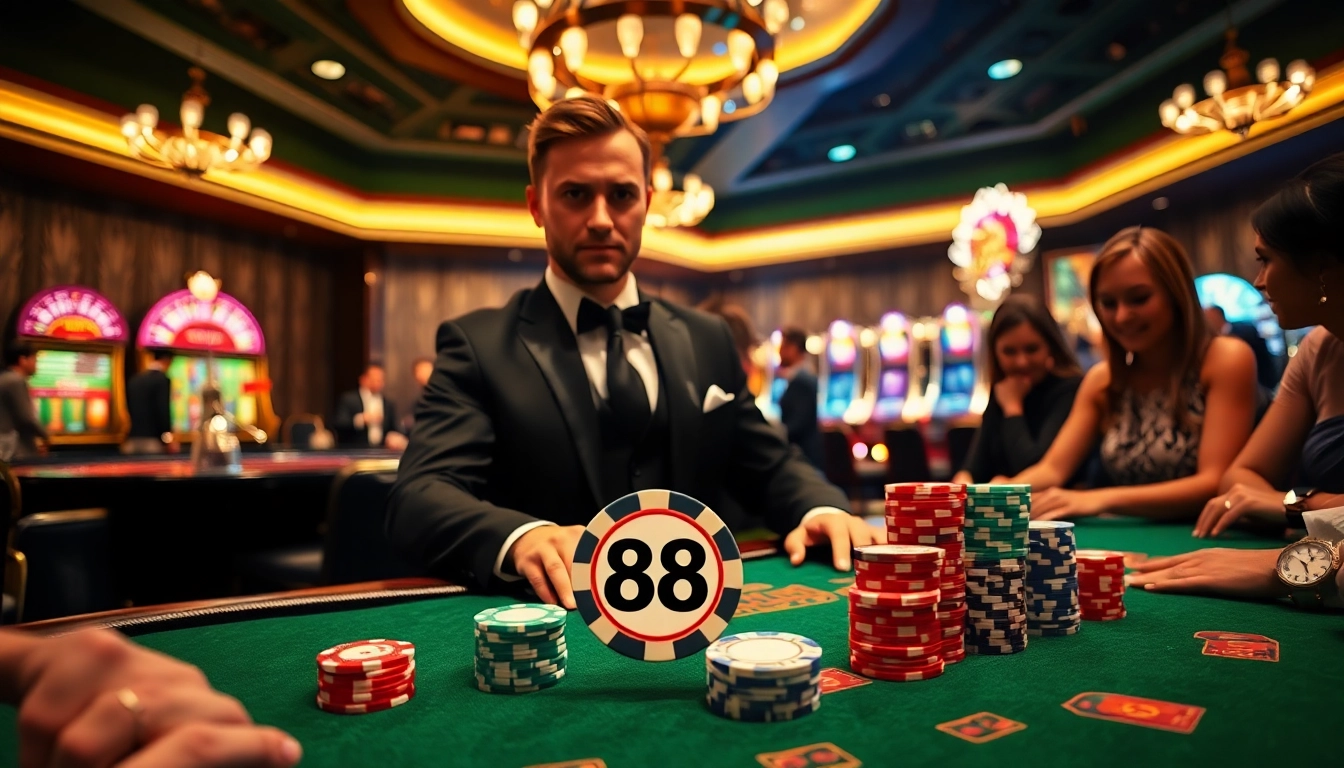 Engage in a thrilling casino game featuring the 88i chip at a glamorous blackjack table with players focused.