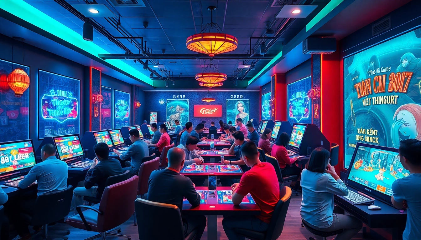 Exciting gamers enjoying game bài đổi thưởng in a vibrant lounge setting.