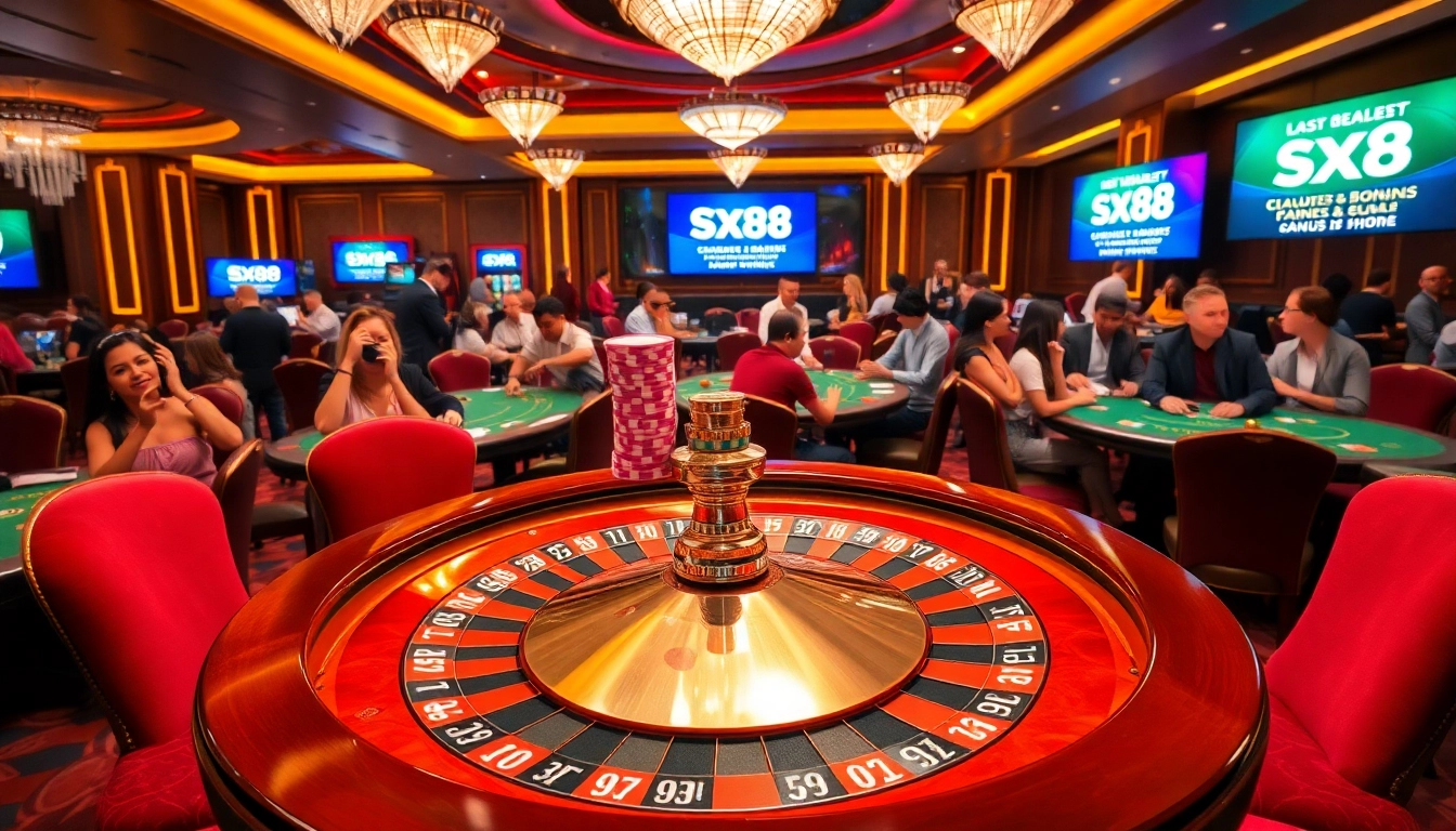 Experience sx88 casino excitement with players at roulette tables and vibrant chip stacks.