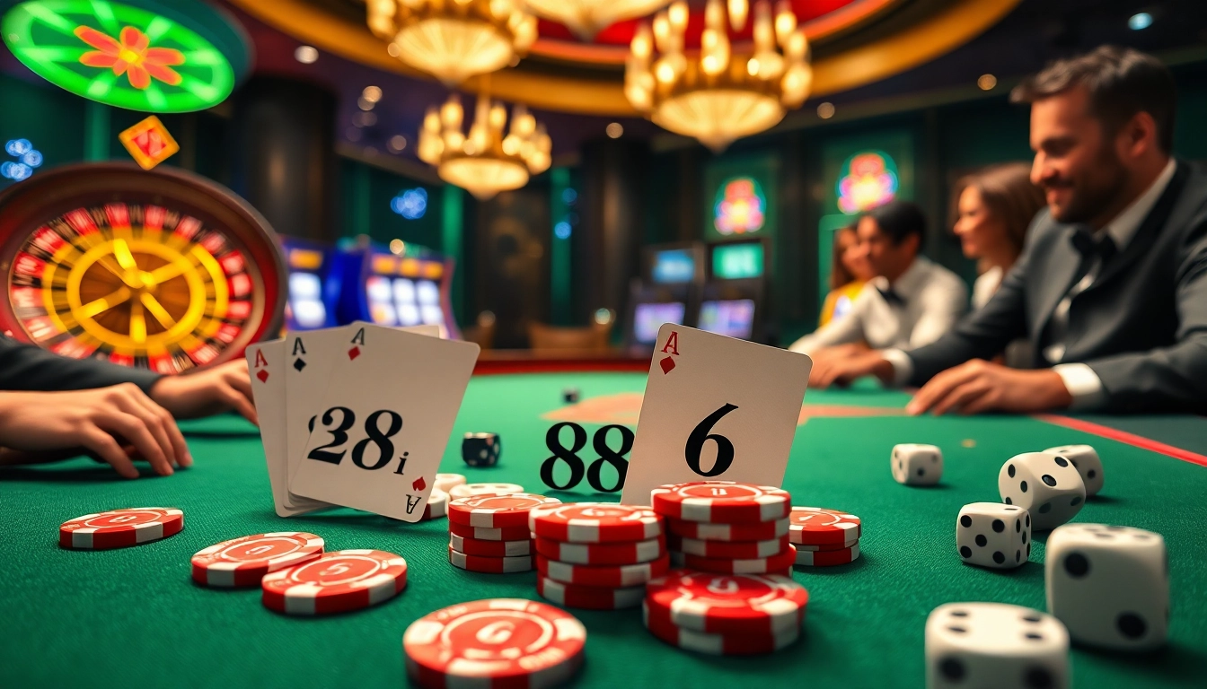 Players strategizing at a high-stakes poker table with 88i poker chips and vibrant casino lights.