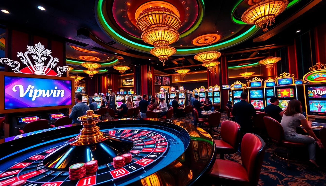 Engaging players enjoying the thrill of gambling at Vipwin casino tables with vibrant slot machines.