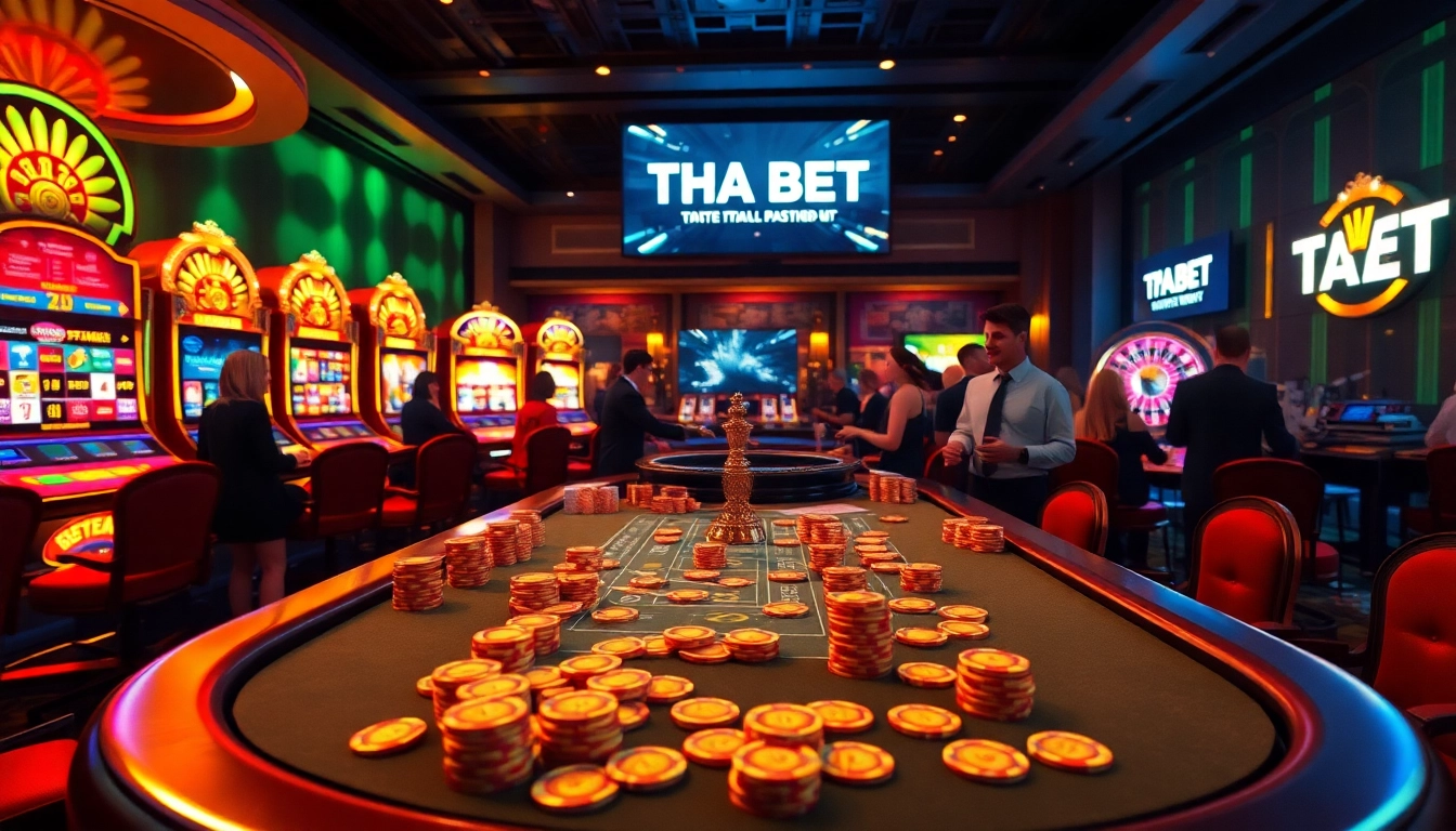 Players enjoying a thrilling game at THA BET casino with vibrant poker chips and slot machines.