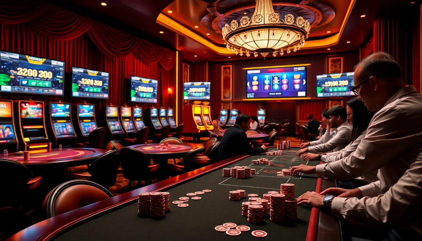 thrilling scene of players at a casino table, representing the excitement of https://jun88pl.com/ betting activities with luxurious decor