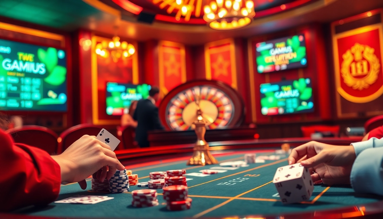 Engaging scene of players enjoying game bài đổi thưởng at a luxury casino table with cards and chips.