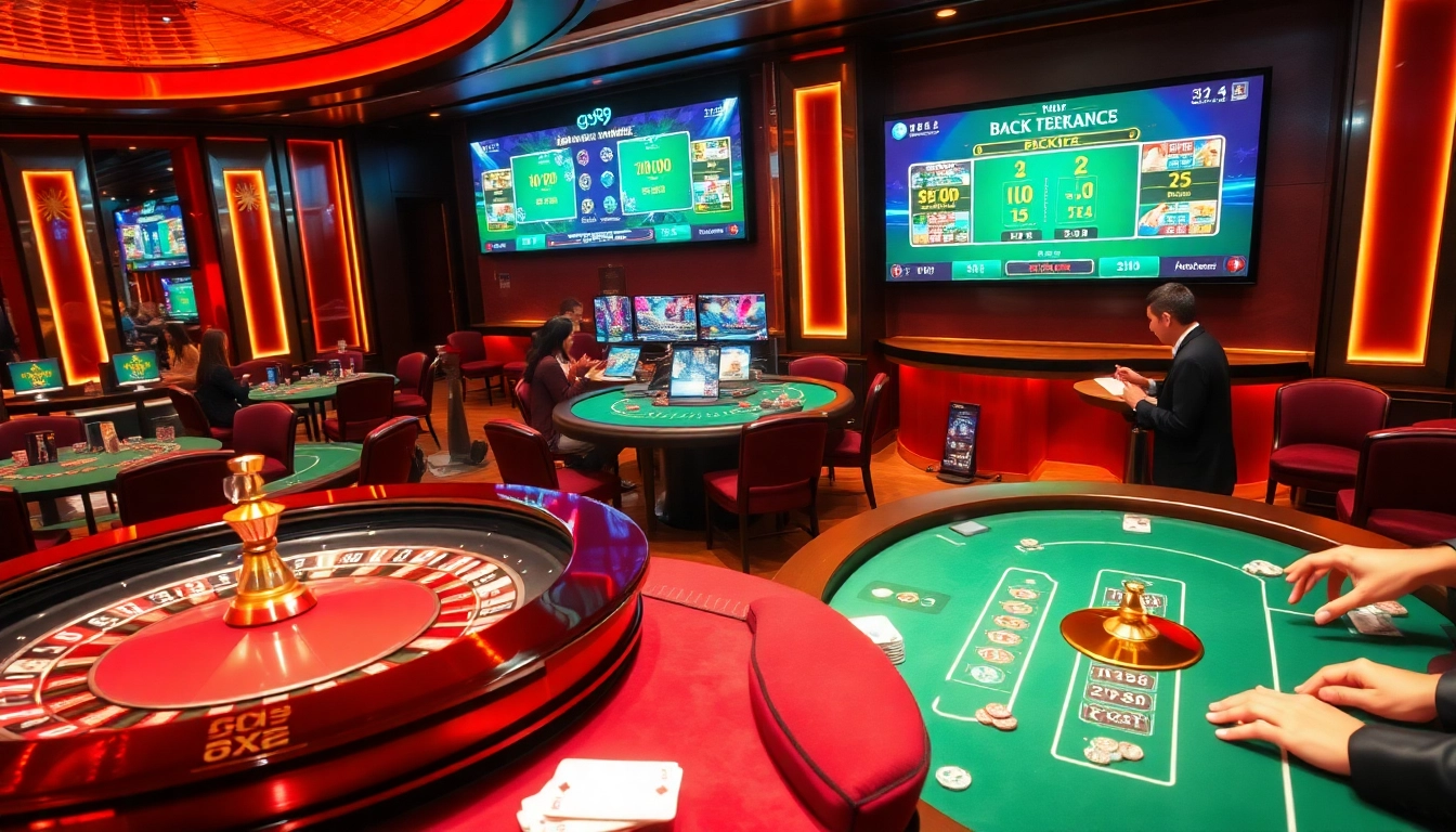 Engage in thrilling games at Go99's luxurious casino scene featuring poker tables and roulette wheels.
