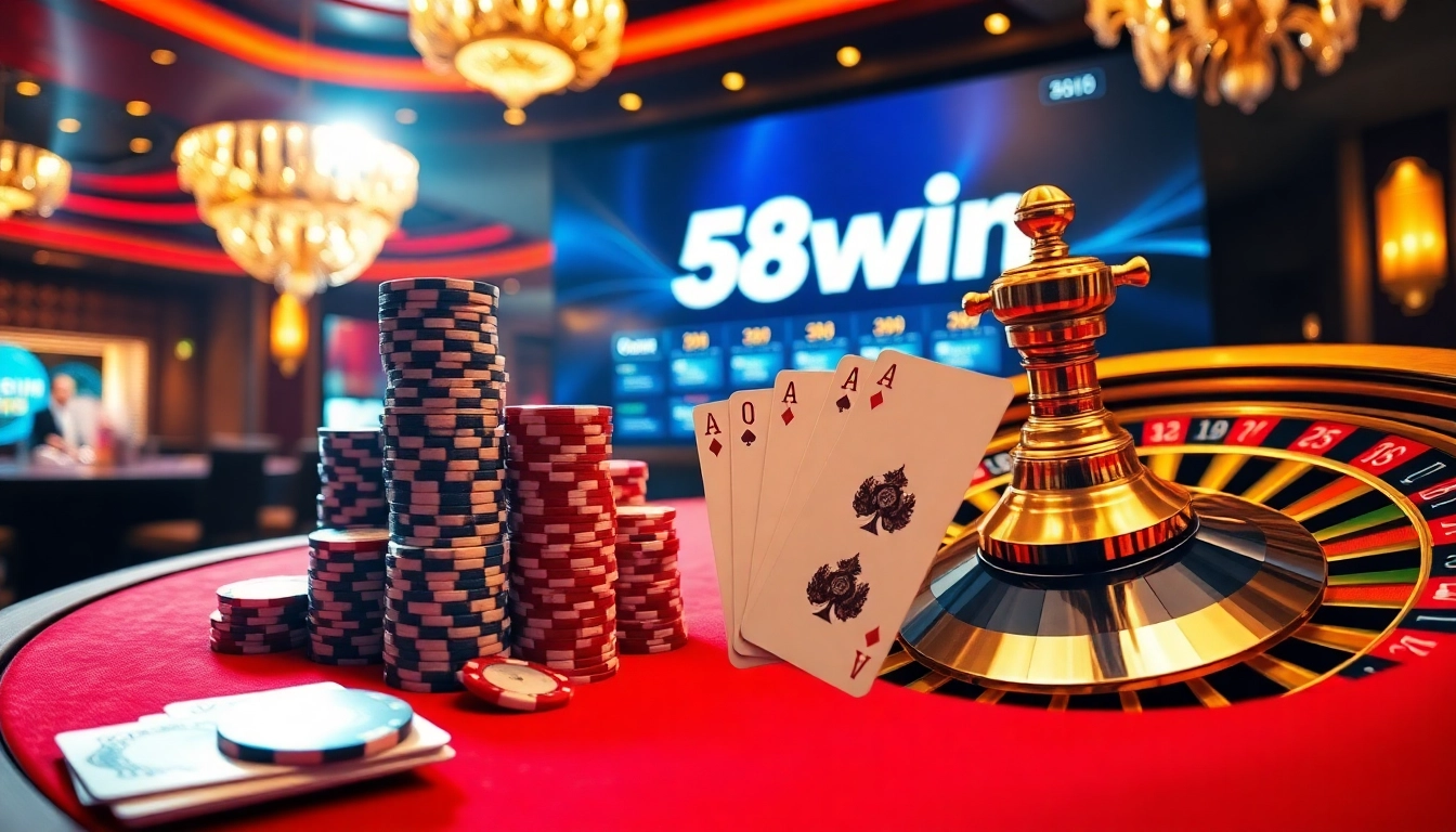 Experience thrilling gameplay with 58win at a lavish casino table featuring poker chips and cards.