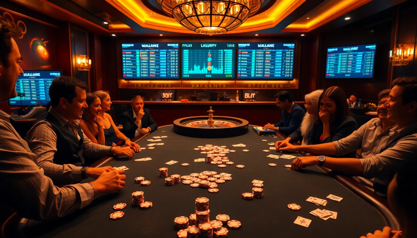 Players at a sophisticated poker table in a casino setting featuring 88i betting screens.