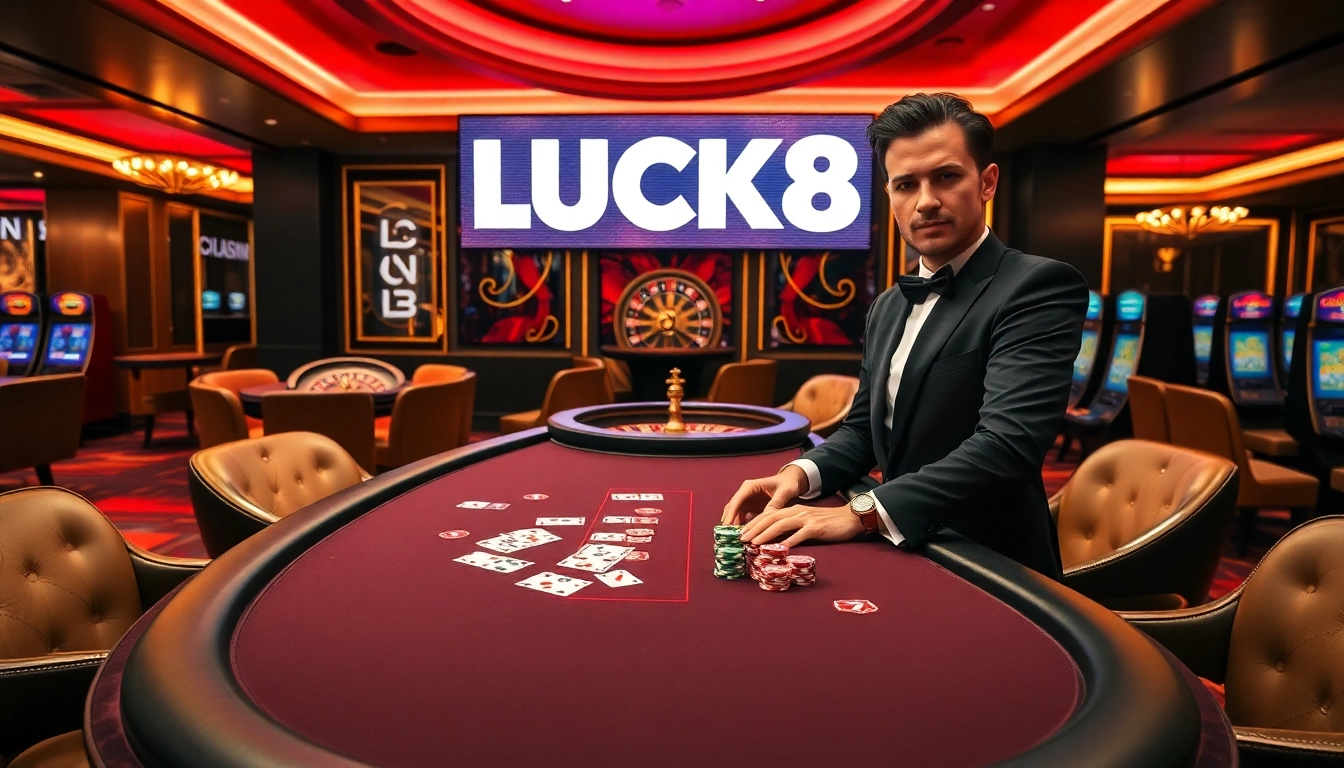 Cảnh casino LUCK8 hấp dẫn với bàn poker, các chip và người chia bài trong một không gian sang trọng.