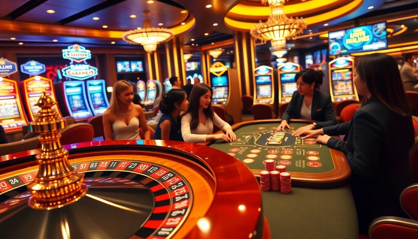 Experience the thrill of gambling at rikvip.gb.net with a vivid casino scene showcasing poker, roulette, and slot games.