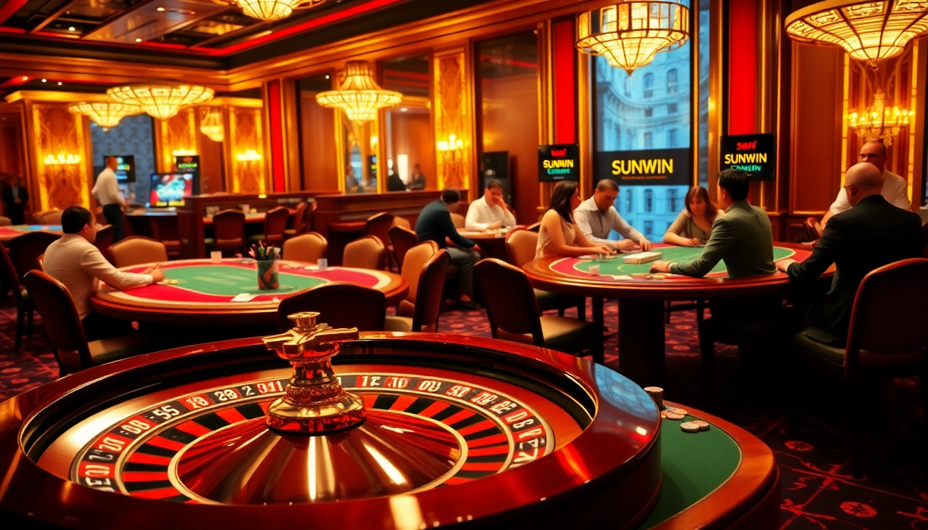 Experience the excitement of SUNWIN's luxury casino atmosphere with intense poker action and vibrant gaming tables.
