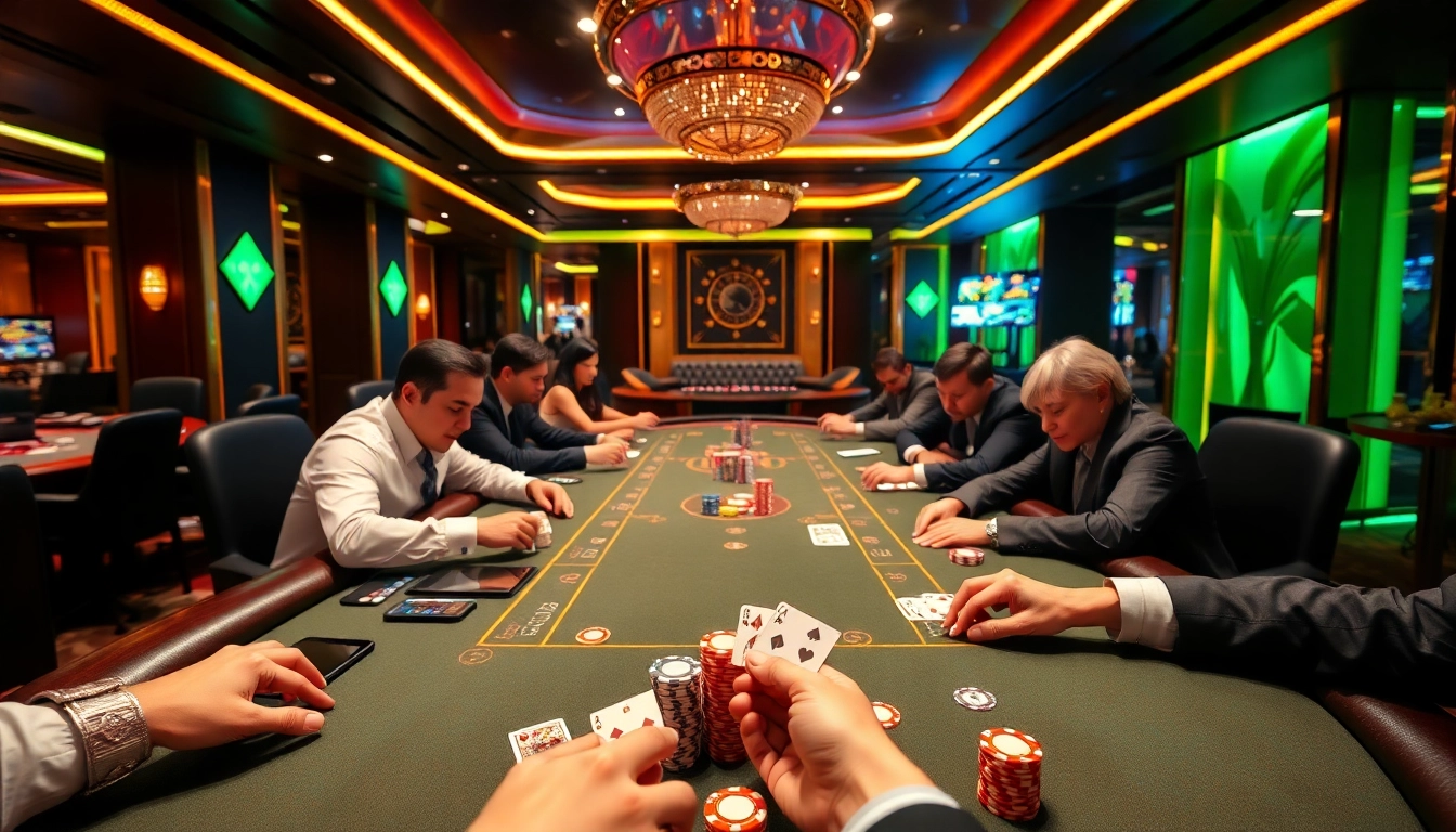 A high-stakes poker game at a luxurious casino table highlighted by colorful chips and playing cards, featuring https://dh88vn.com/.