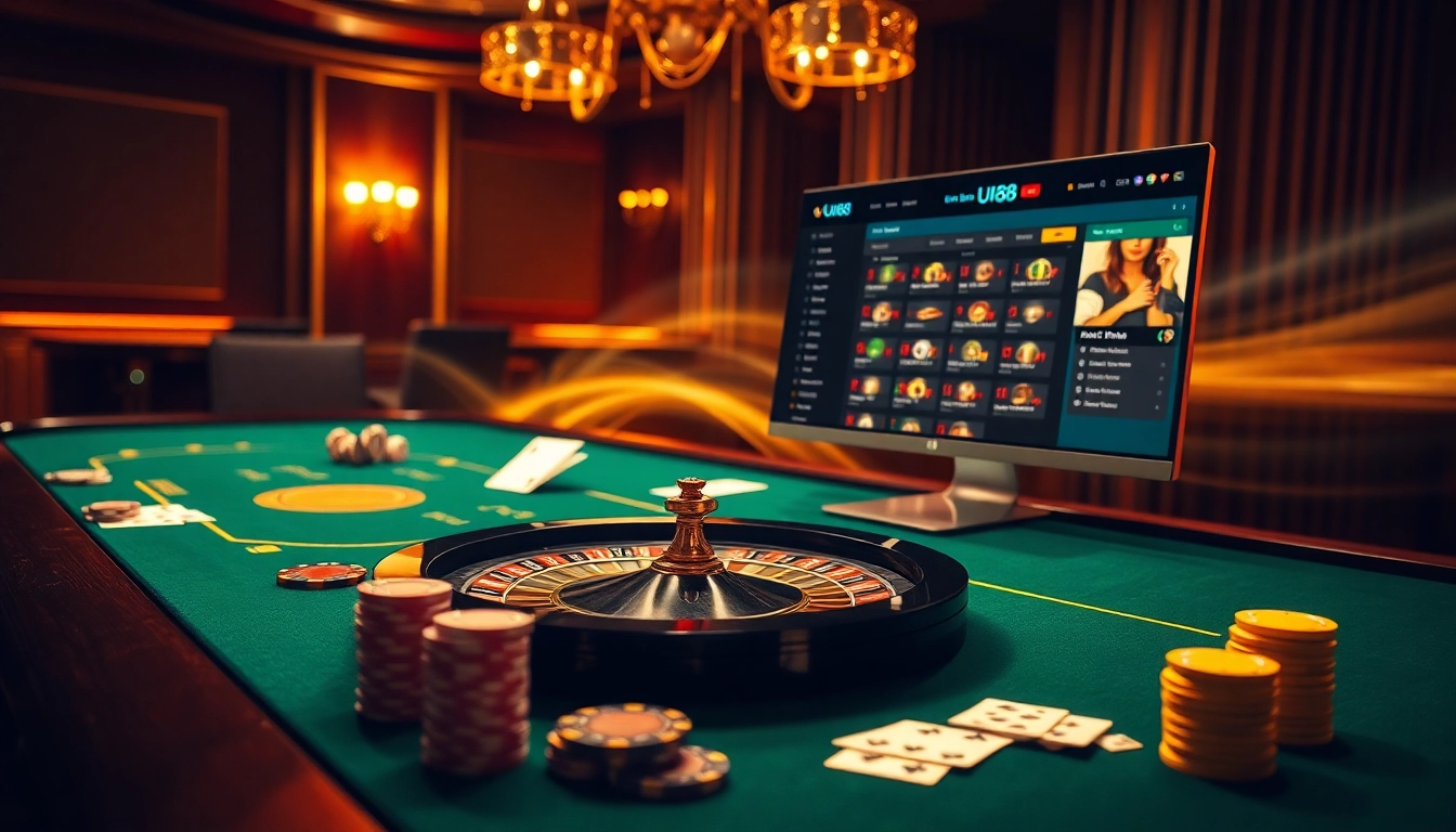 An exciting online betting scene at nhà cái uu88 featuring a luxury casino table and modern betting interface.