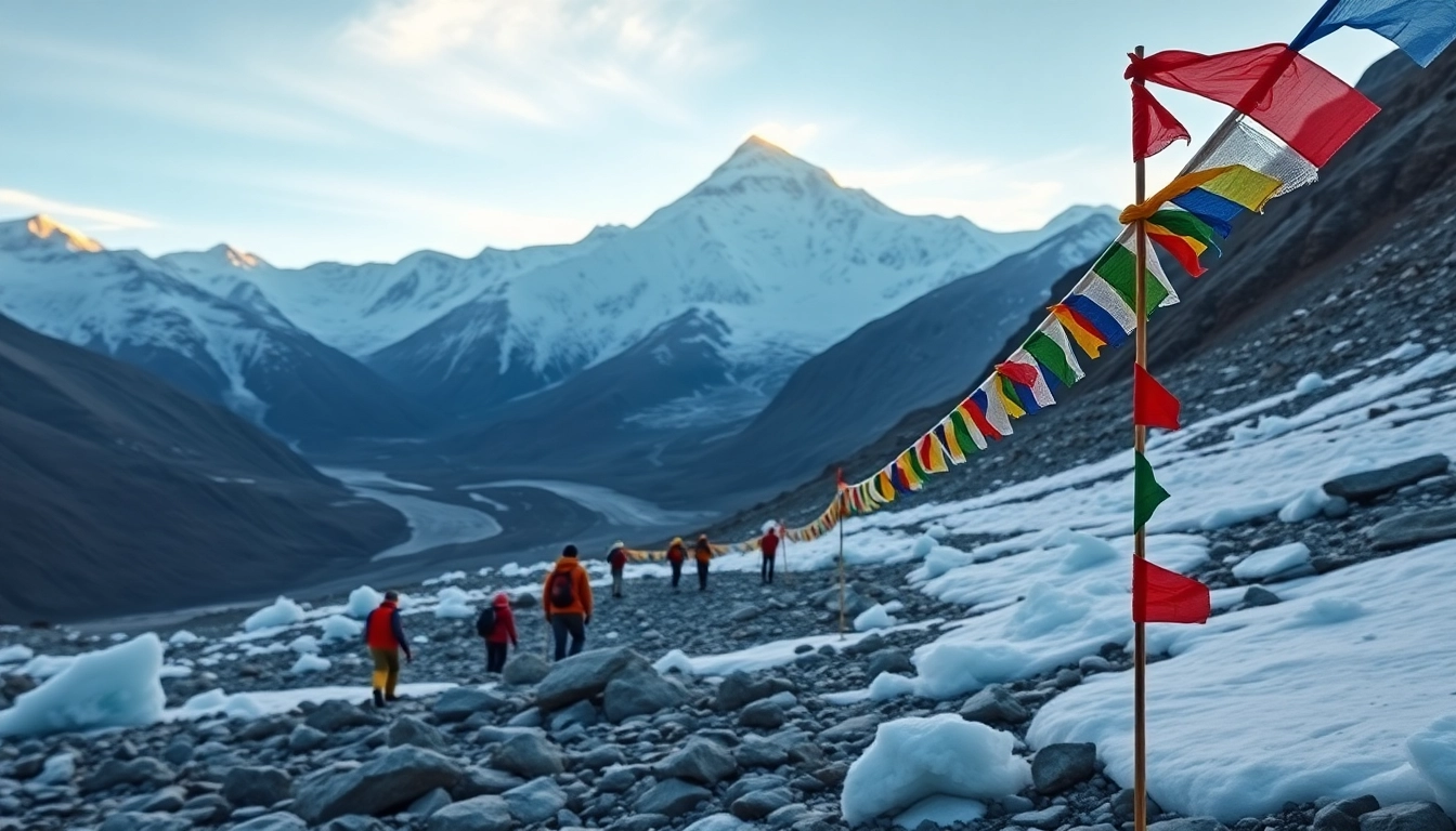 Everest Base Camp trek scene with trekkers and stunning mountain views.