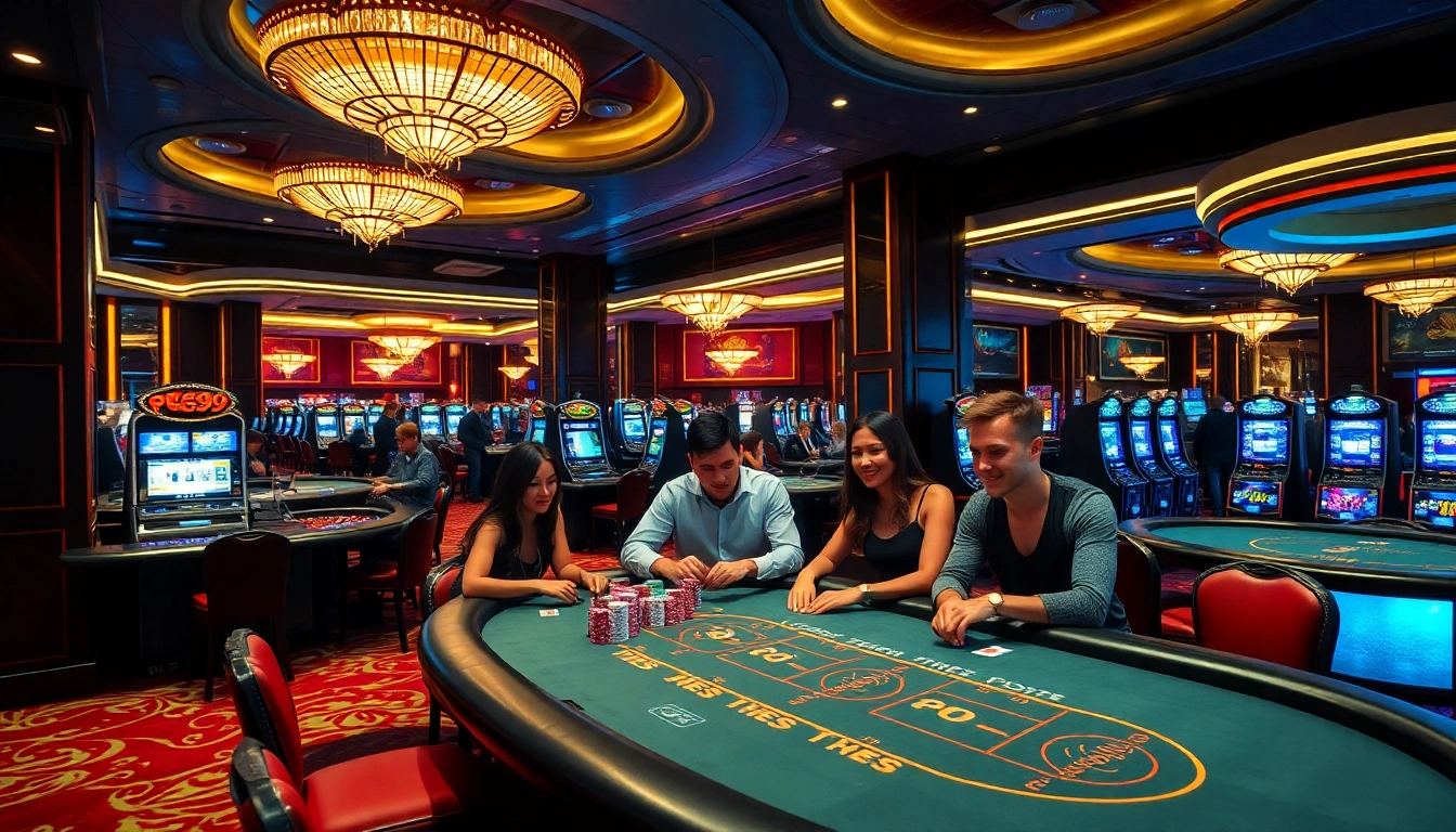 Players enjoying a PG99-themed poker game in an upscale casino setting.