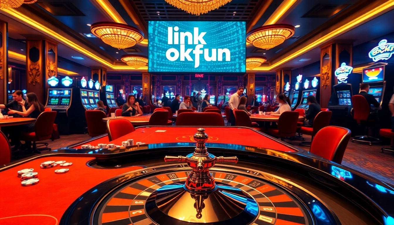 Experience the excitement of a luxurious casino with glamorous tables, vibrant lights, and 'link okfun' prominently featured.