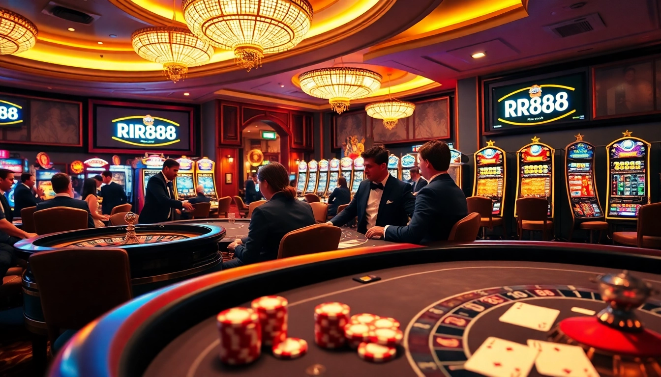 Engaging gamblers at the RR888 casino with poker chips and a roulette wheel.