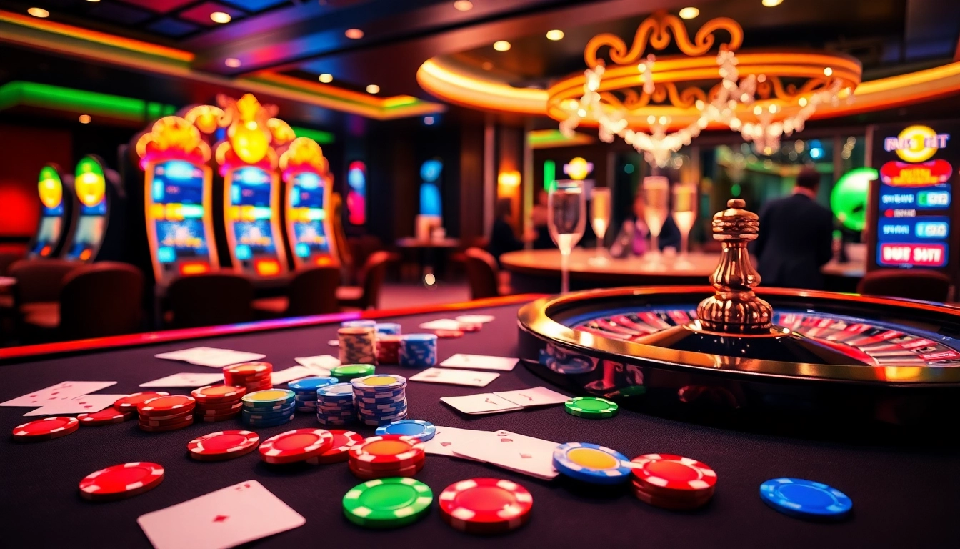Gamblers enjoying a luxury casino experience at https://nk88net.com/ with vibrant tables and cheerful atmosphere.
