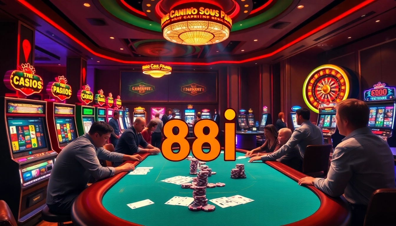 Exciting poker action at a casino with 88i chips and vibrant lights.