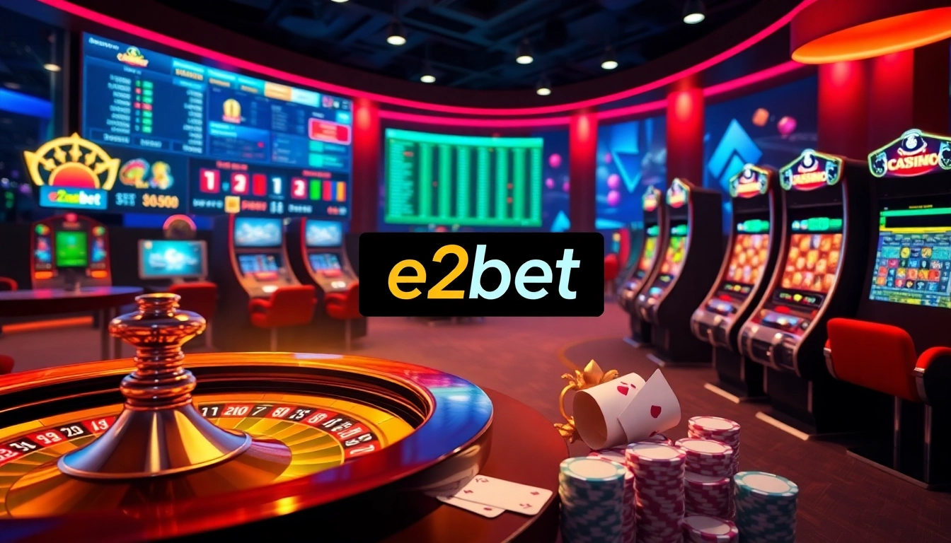 E2bet online gambling scene featuring roulette, poker chips, and excitement.