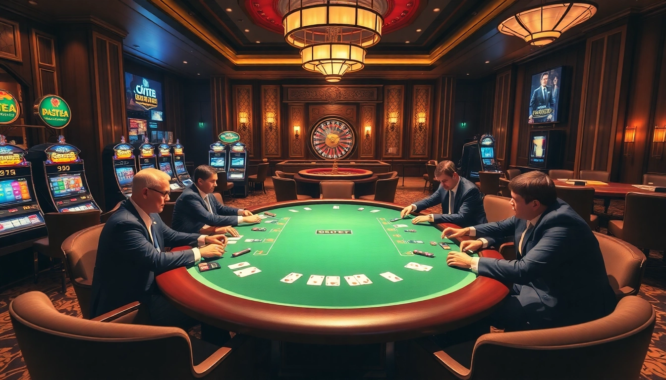 Engage in high-stakes poker at 6L777 VIP casino, surrounded by luxurious decor and vibrant atmosphere.