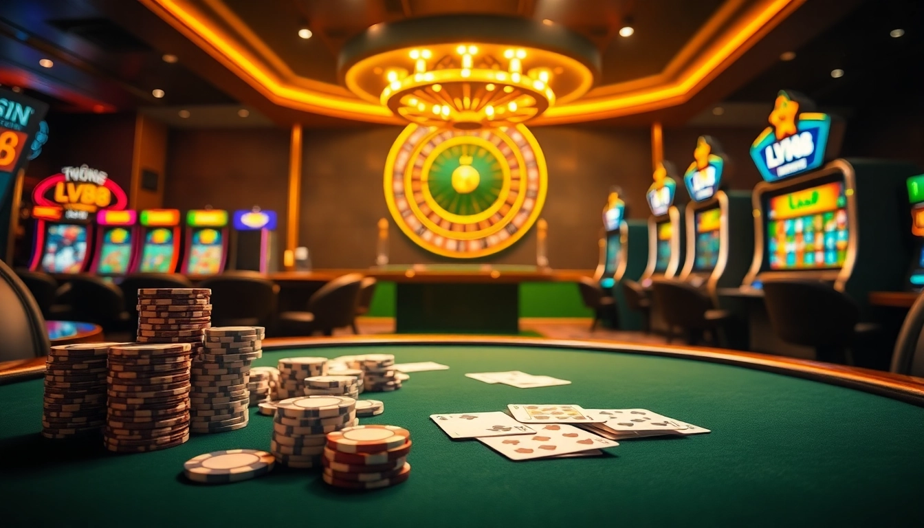 Players enjoying a vibrant casino experience featuring LV88 poker tables and roulette wheels.