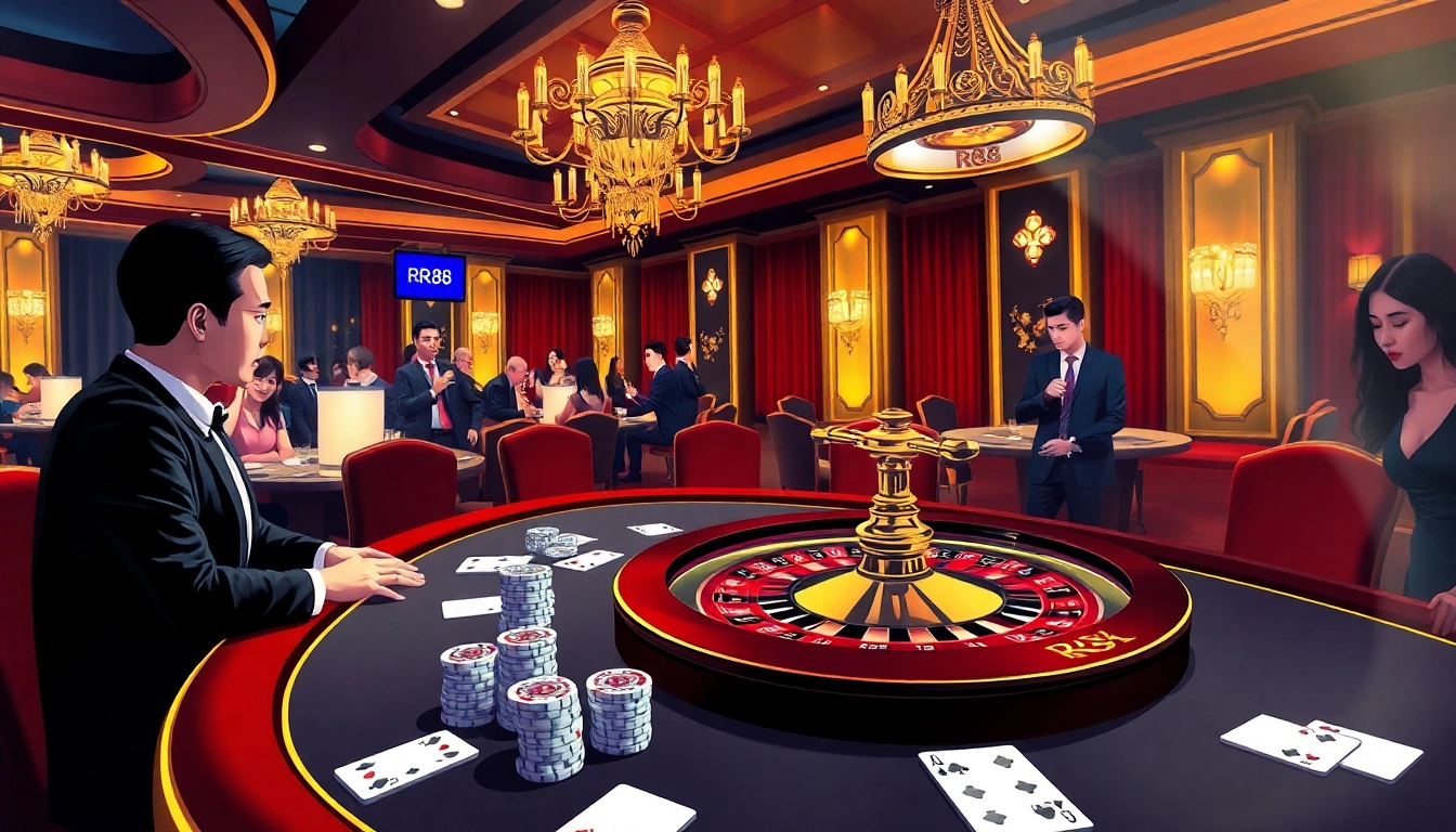 Join the excitement at RR88 with a vibrant casino scene showcasing poker and roulette.