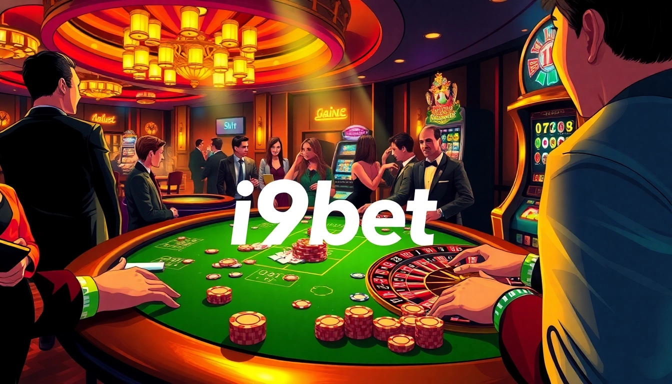 Experience the thrill of gambling at i9bet with a vibrant poker table and roulette wheel.
